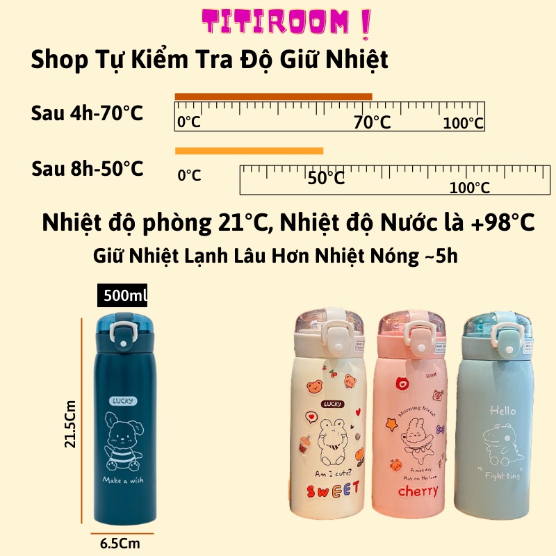 Bình giữ nhiệt đựng nước dung tích 500ml INOX 304 thép không gỉ dễ thương Ly Cốc giữ nhiệt có ống hút kèm sticker và dây