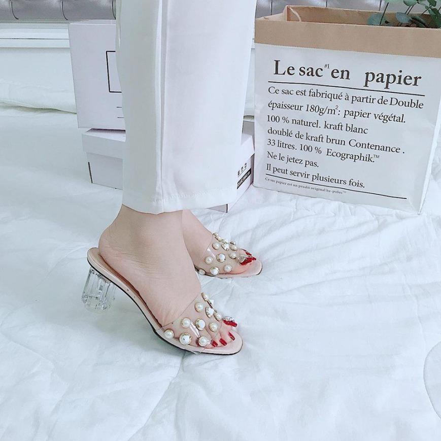 Dép quai trong đính hạt , gót cao 5cm giá rẻ