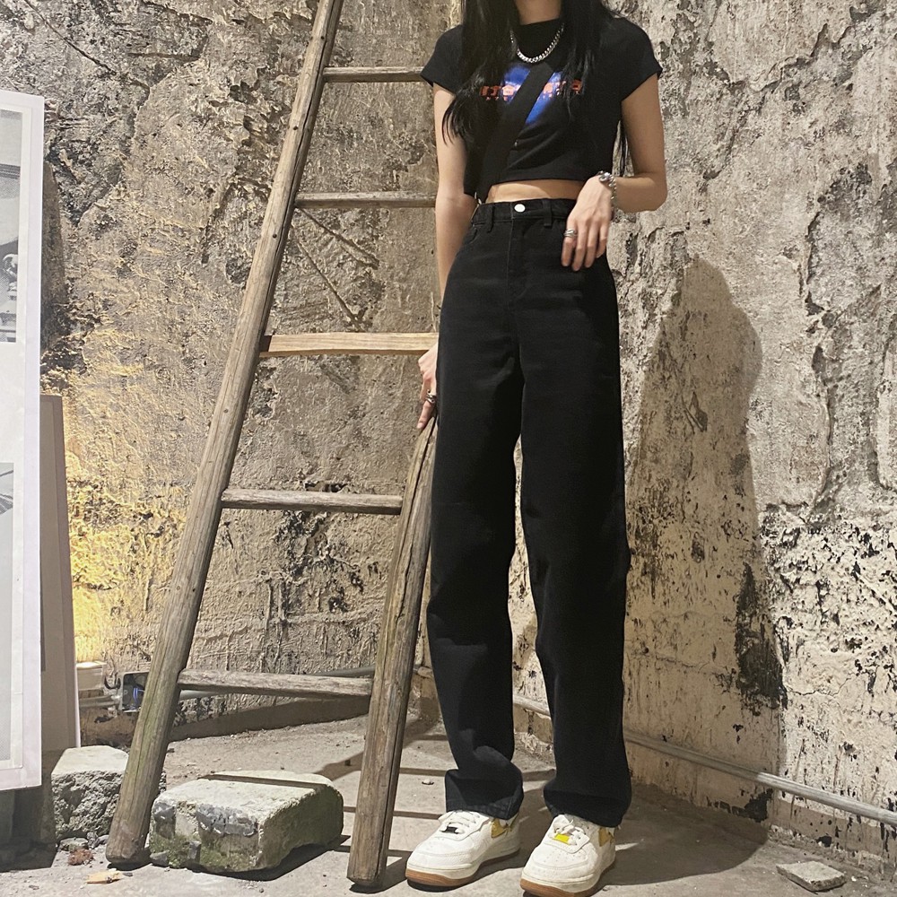 Quần Jean Nữ Ống Suông Dài Màu Đen Basic phong cách Ulzzang