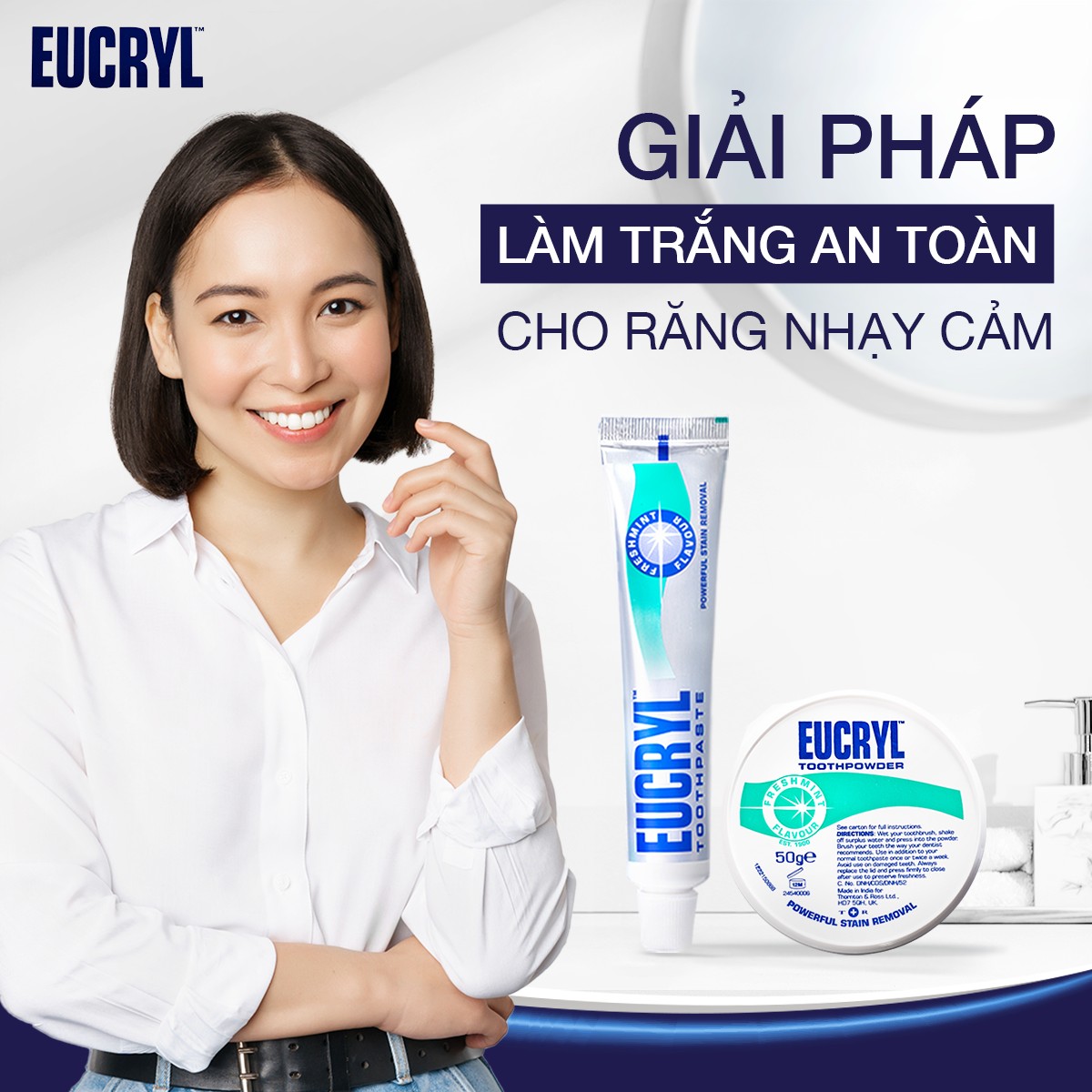 Combo trắng răng Eucryl kem đánh răng 62g + bột trắng răng 50g