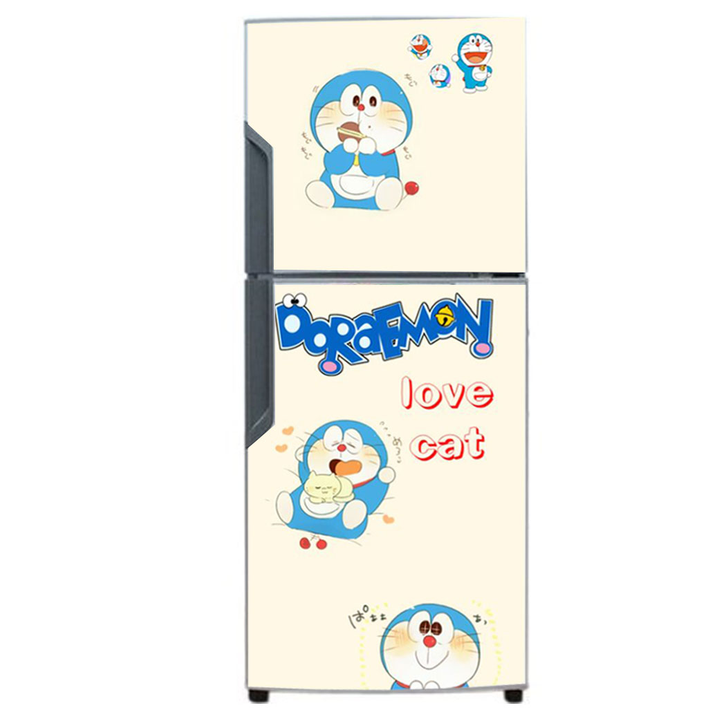 [HCM]Decal dán trang trí tủ lạnh mẫu Doraemon - love cat