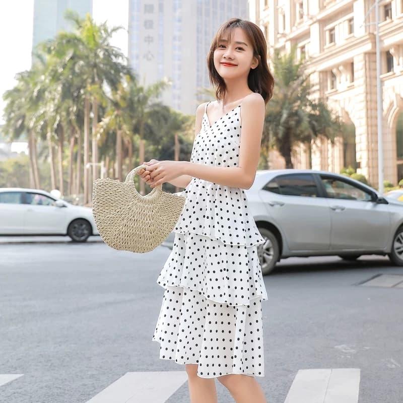 [HCM]Đầm 2 Dây Chấm Bi Xếp Tầng - New Thoi Trang