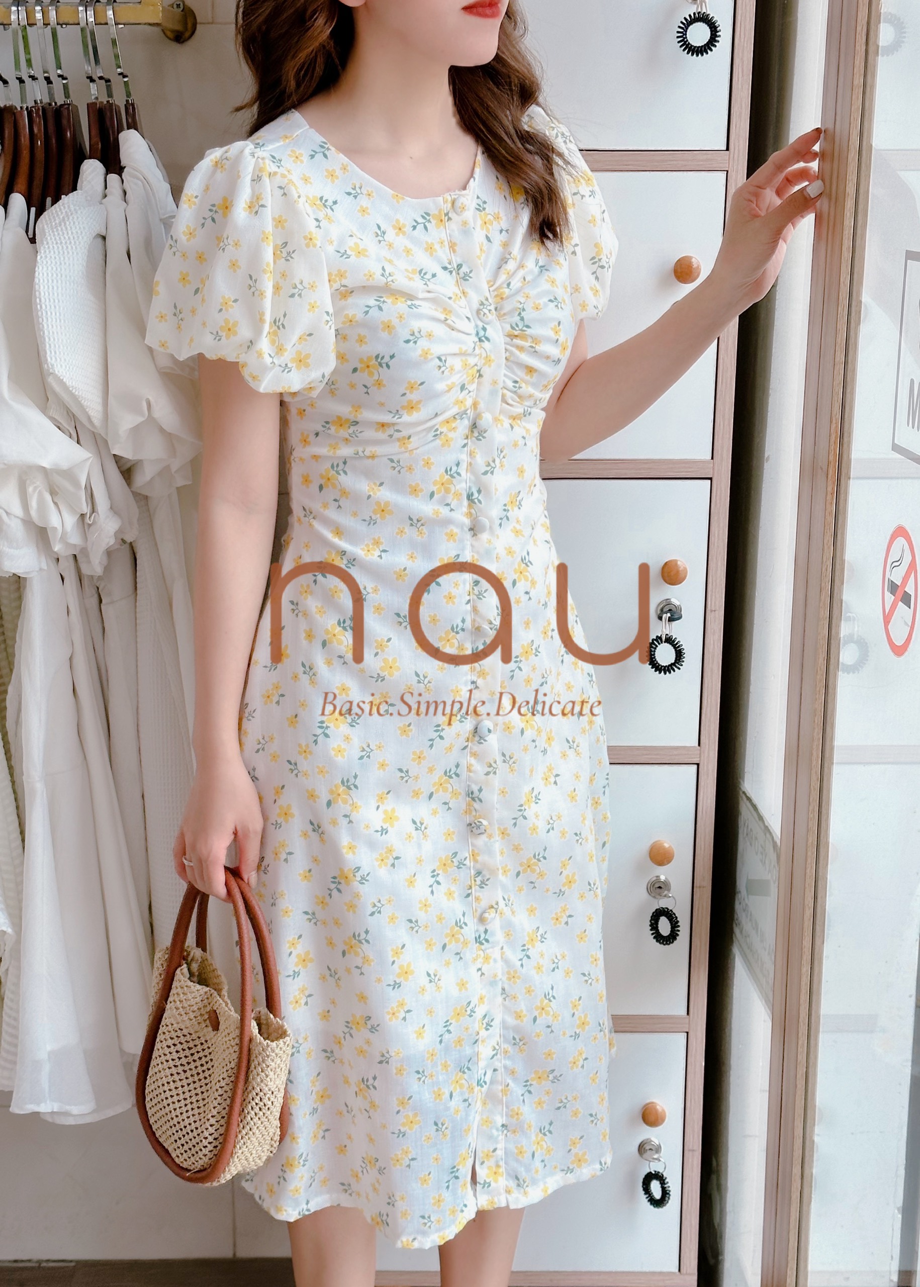 Đầm hoa nút bọc cổ tròn 3 màu