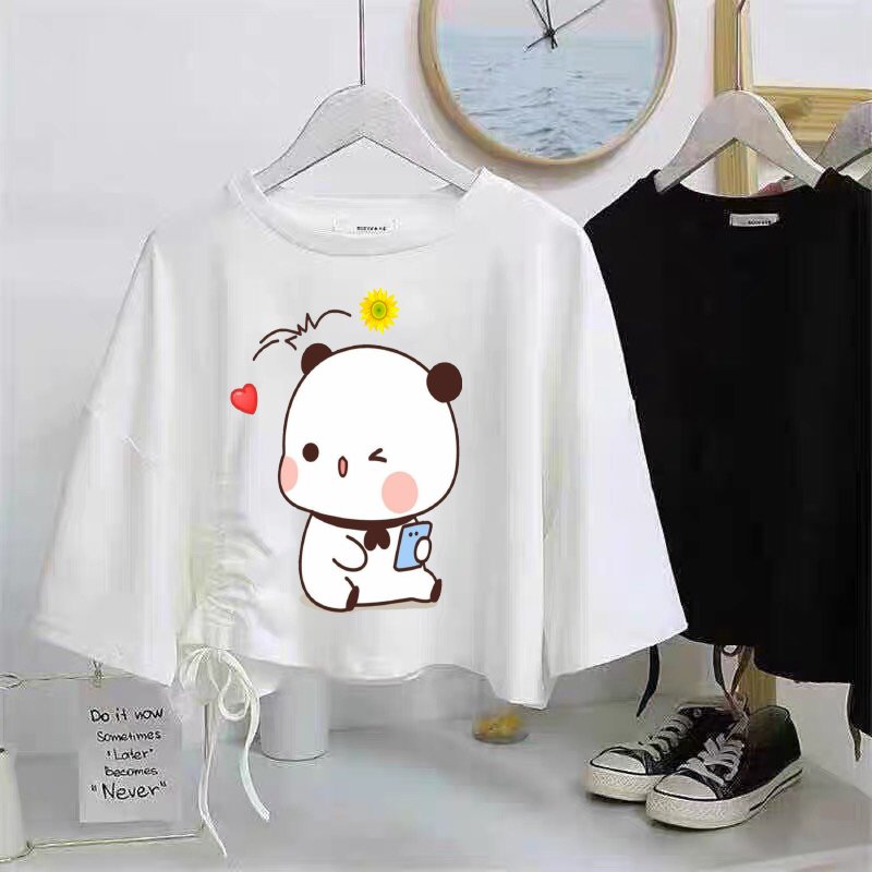 Áo crotop đây rút in hình đễ thương hót hít cô bé roro ôm thỏ, cô bé chỉ tay, gấu chơi điện thoại