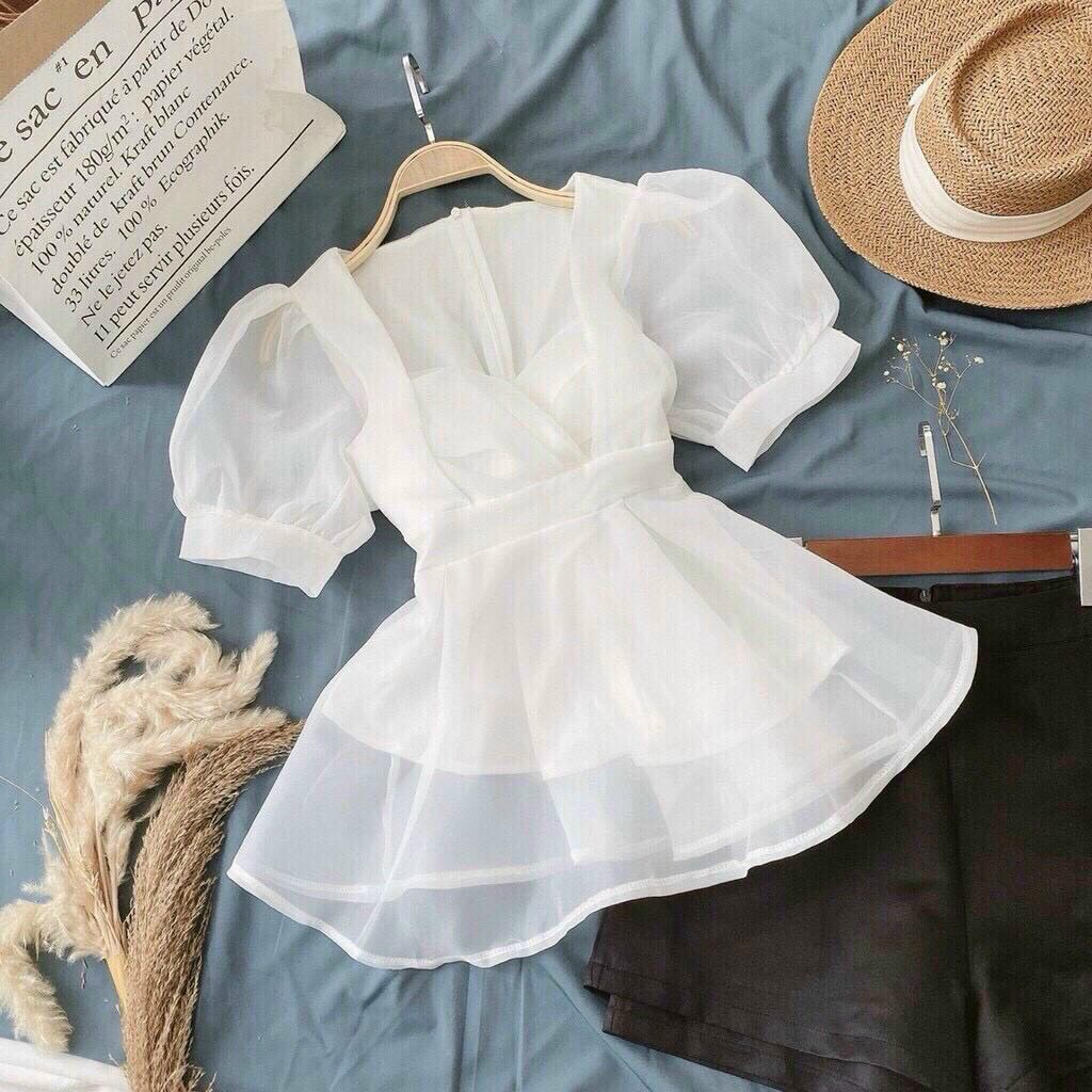 set áo voan tay phồng kèm quần short