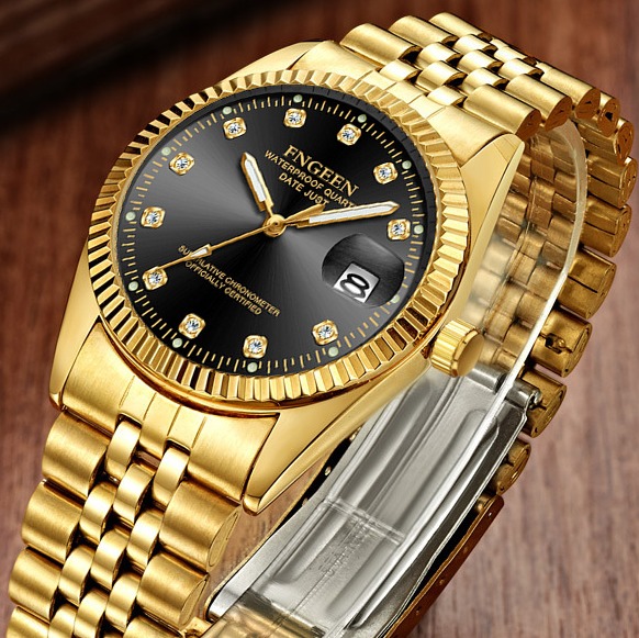 Đồng hồ Nam FNGEEN F7008E dây thép mạ vàng chống nước HLEI 356M8