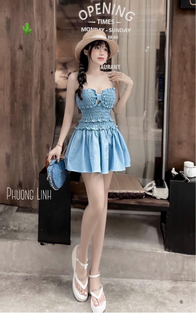 Đầm hai dây jean denim đính nơ to nhún chun dáng xòe tròn thanh lịch PC