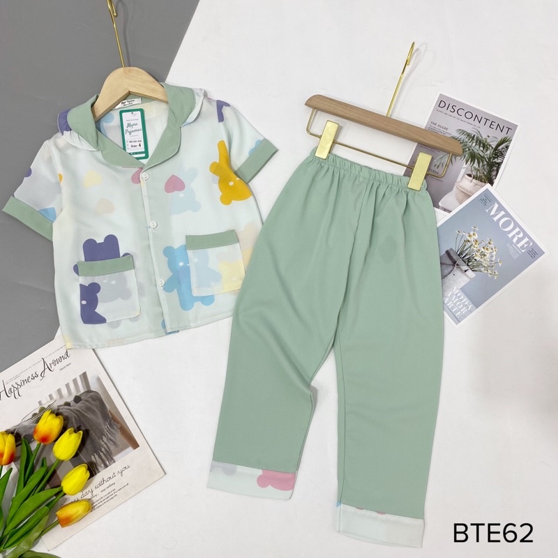 Bộ Pijama Cộc Dài Lụa Mango Cổ Bèo Dành Cho Bé Gái