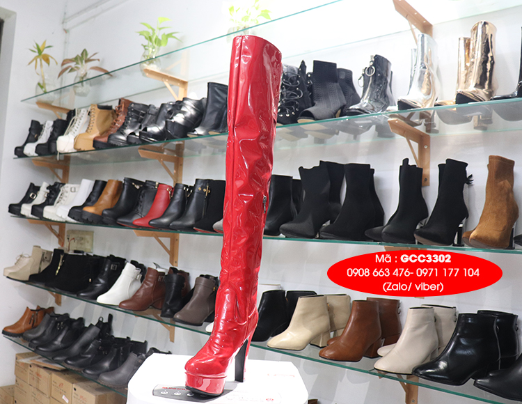 Giày boot nữ cổ cao da bóng đỏ quyến rũ GCC3302