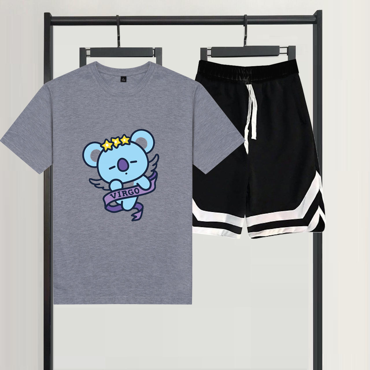 Sét Bộ Đùi Mùa Hè Nữ Xinh Cute Mặc Đi Chơi Dạo Phố, Chất Liệu Áo Cotton Organic Ngắn Tay Cổ Tròn In 3D Gấu Virgo Cute Kèm Quần Đùi Viền V Phong Cách