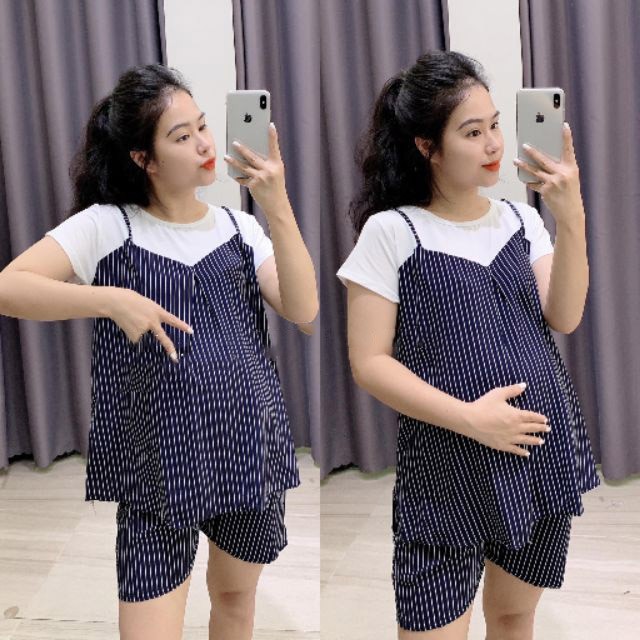 [Hoàn Tiền 6%] Bộ đồ bầu đùi lửng, chất lụa hàn mềm mát cho bà bầu mặc nhà mùa hè