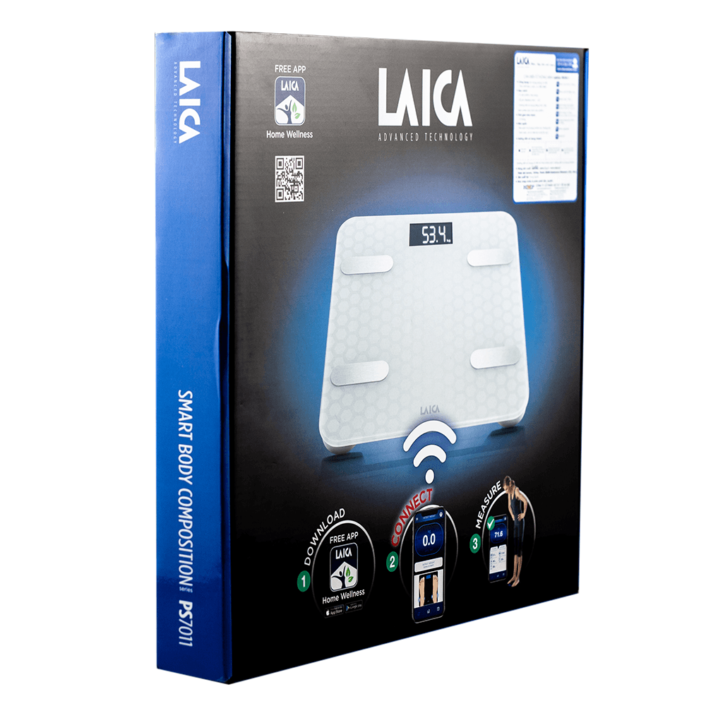 Cân điện tử thông minh Laica PS7011, cân sức khỏe đo 6 chỉ số dùng trong gia đình, hàng chính hãng, cân thông minh sử dụng pin tiểu AA dễ thay thế