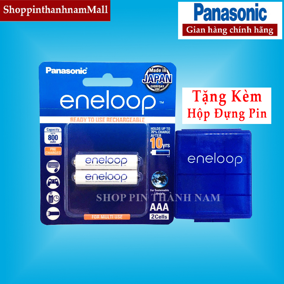 Pin sạc aaa eneloop panasonic 800mah vỉ 2 viên chính hãng sản xuất tại nhật bản - tặng hộp đựng pin eneloop xanh