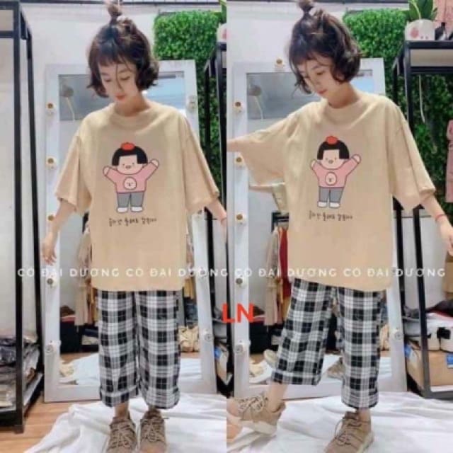 Sét áo thun cô gái nhật + quần kẻ karo