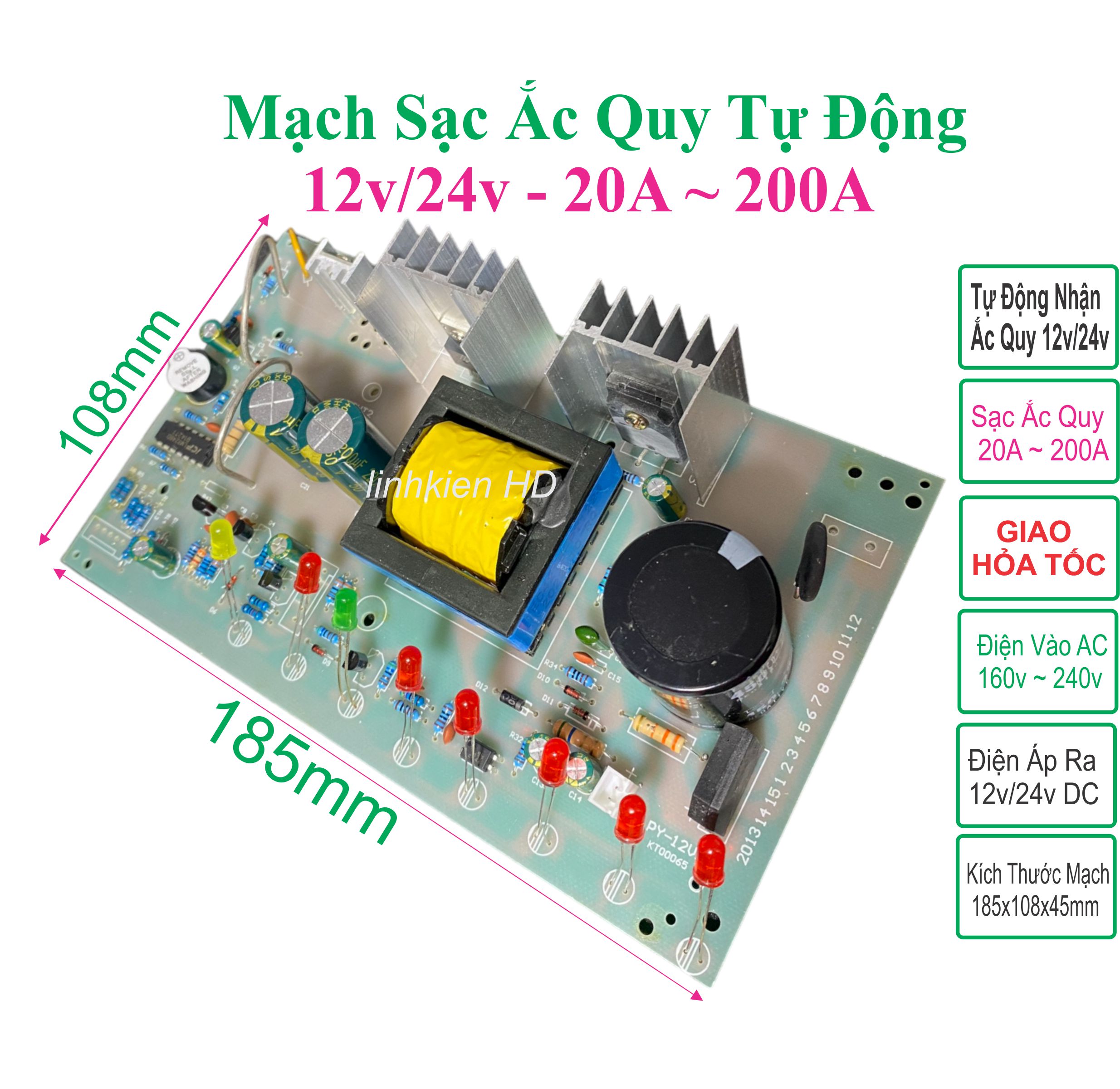 Mạch sạc 10a dùng cho acquy 20a ~ 200a tự động 12v/24v