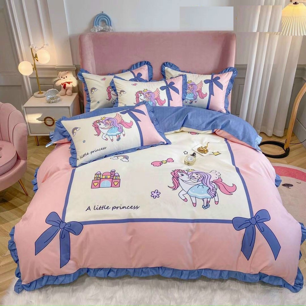 Bộ Drap & Chăn Chần Bông Cotton Bèo - Ngựa Pony Tím