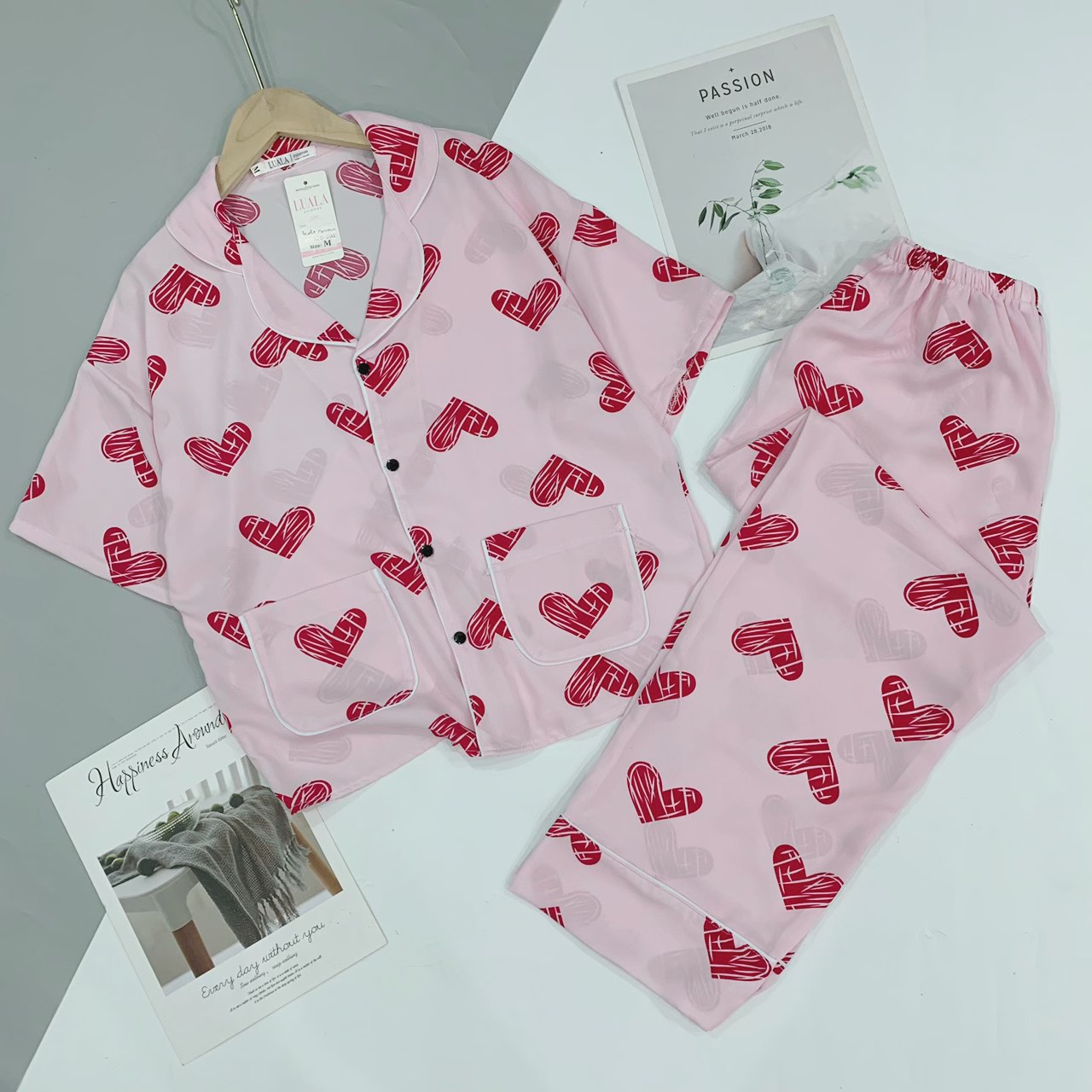 Bộ Pijama Lụa Satin / Mango Phối Hàn - Bộ Mặc Nhà Cộc Dài