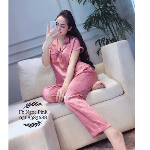 Bộ Pijama Cao Cấp Chất Lụa Gấm Tay cộc - Quần Dài