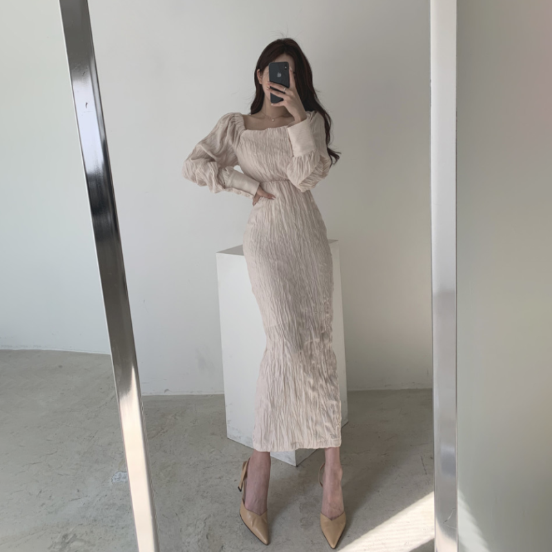 Hàn Quốc Chic Kiểu Pháp Thích Hợp Mùa Thu Khí Chất Trẻ Trung Tươi Tắn Kiểu Gấp Thiết Kế Cạp Cao Kiểu Lửng Tôn Dáng Đầm Nữ