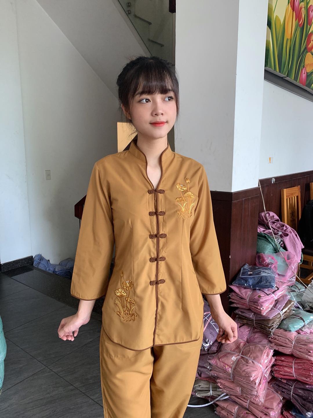 BỘ ĐỒ LAM ĐI CHÙA # MẪU SẨM TÀU THÊU HOA SEN DÀNH CHO NỮ