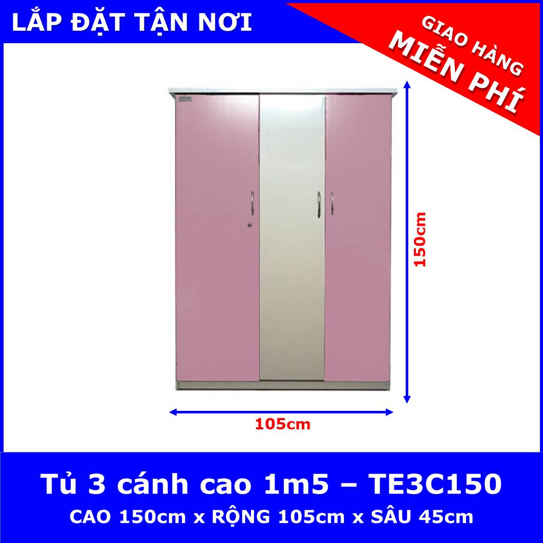 Tủ nhựa người lớn / trẻ em 3 cánh cao 1m5 - TE3C150 ( 105cm x 45cm x 150cm ) - chất liệu nhựa Đài Loan 2 lớp cao cấp - KHÔNG CONG VÊNH - KHÔNG MỐI MỌT - KHÔNG ẨM MỐC AN TOÀN KHI SỬ DỤNG