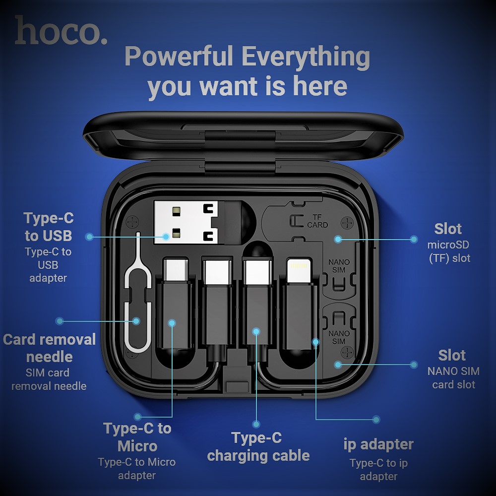 Cáp sạc 6 trong 1 chính hãng HOCO U114 kèm hộp là giá đỡ điện thoại đa năng dùng cho iphone samsung xiaomi - Chính hãng