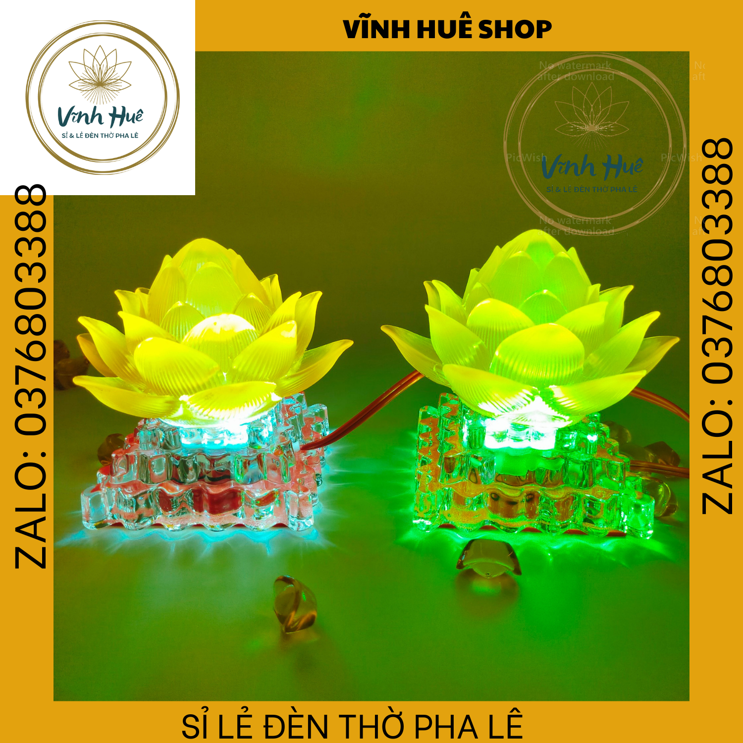 ĐÈN THỜ CÚNG MẠCH LED HOA SEN VÀNG ĐỔI MÀU ĐẾ PHA LÊ