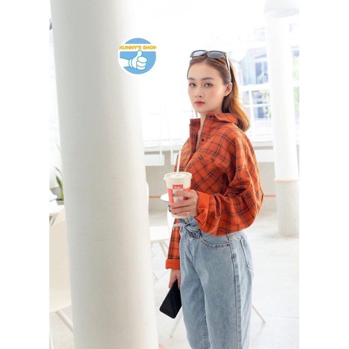 Áo sơ mi oversize caro nhung cam