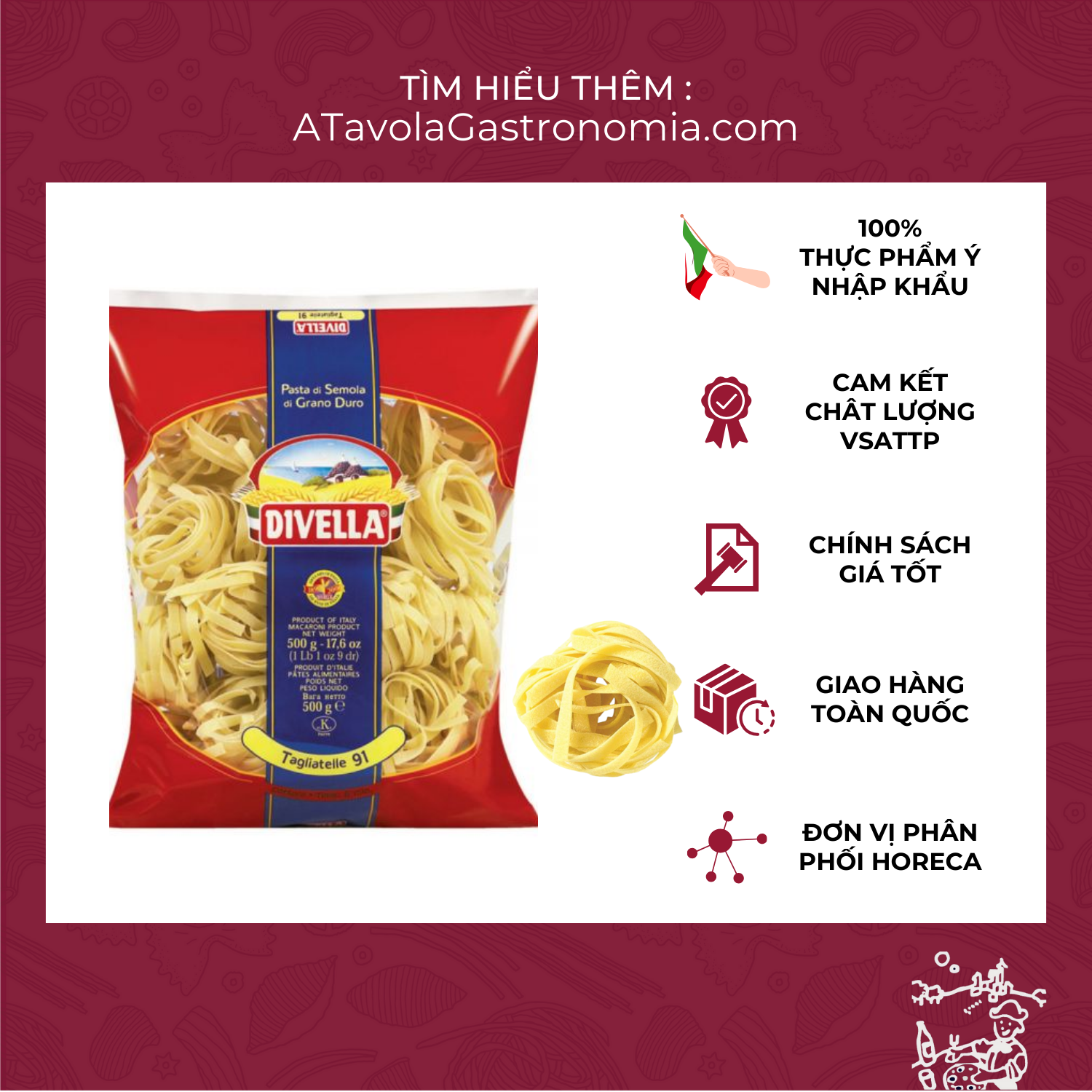 Mì Ý Tagliatelle sợi dẹt DIVELLA gói 500g [Mỳ Ý Pasta Chính Hãng]