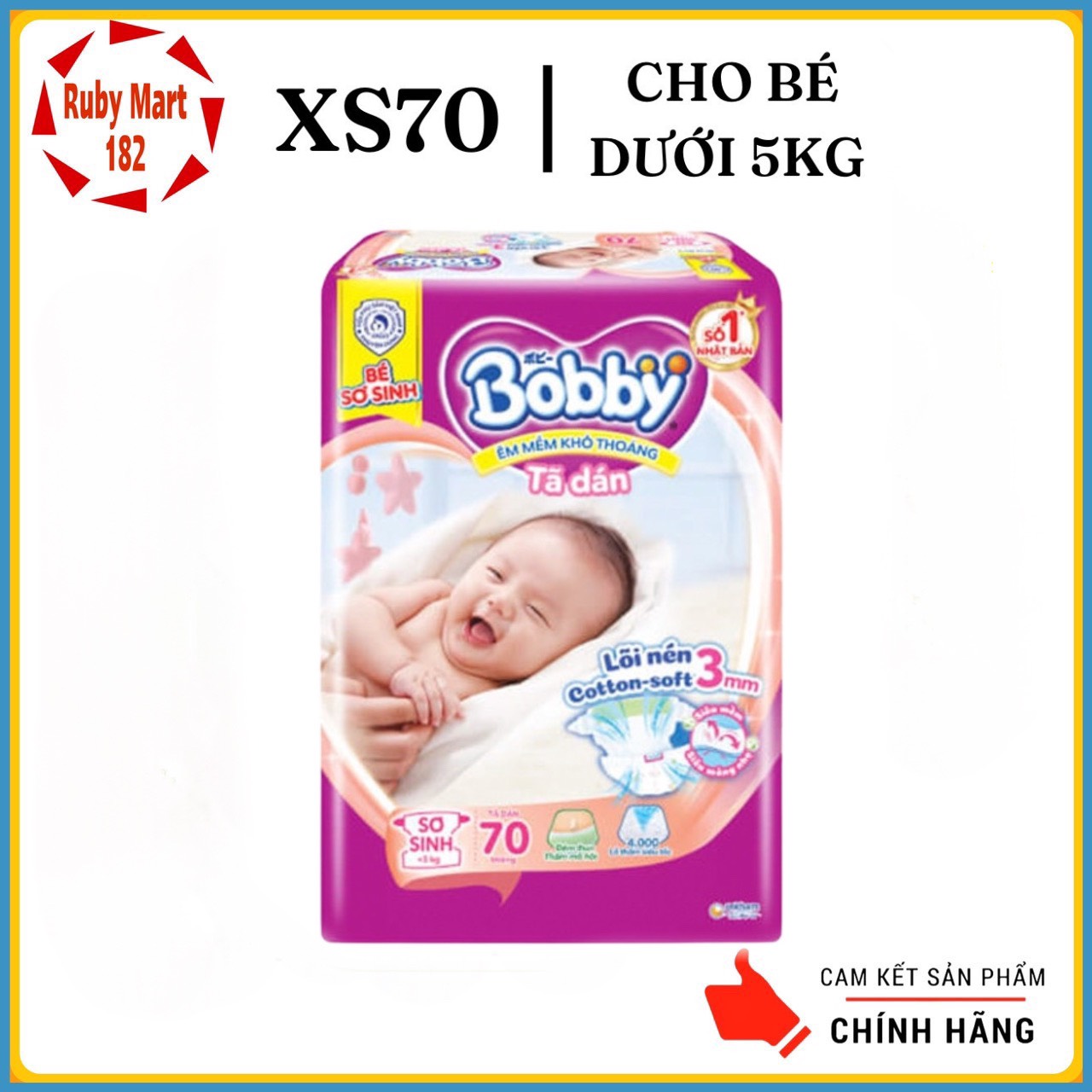 Tã dán Bobby size XS 70 miếng (cho bé <5kg)