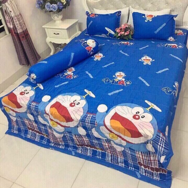 (FreeShip MAX) Set 3 Món Ga Gối Cotton Poly Mẫu Doremon Xanh