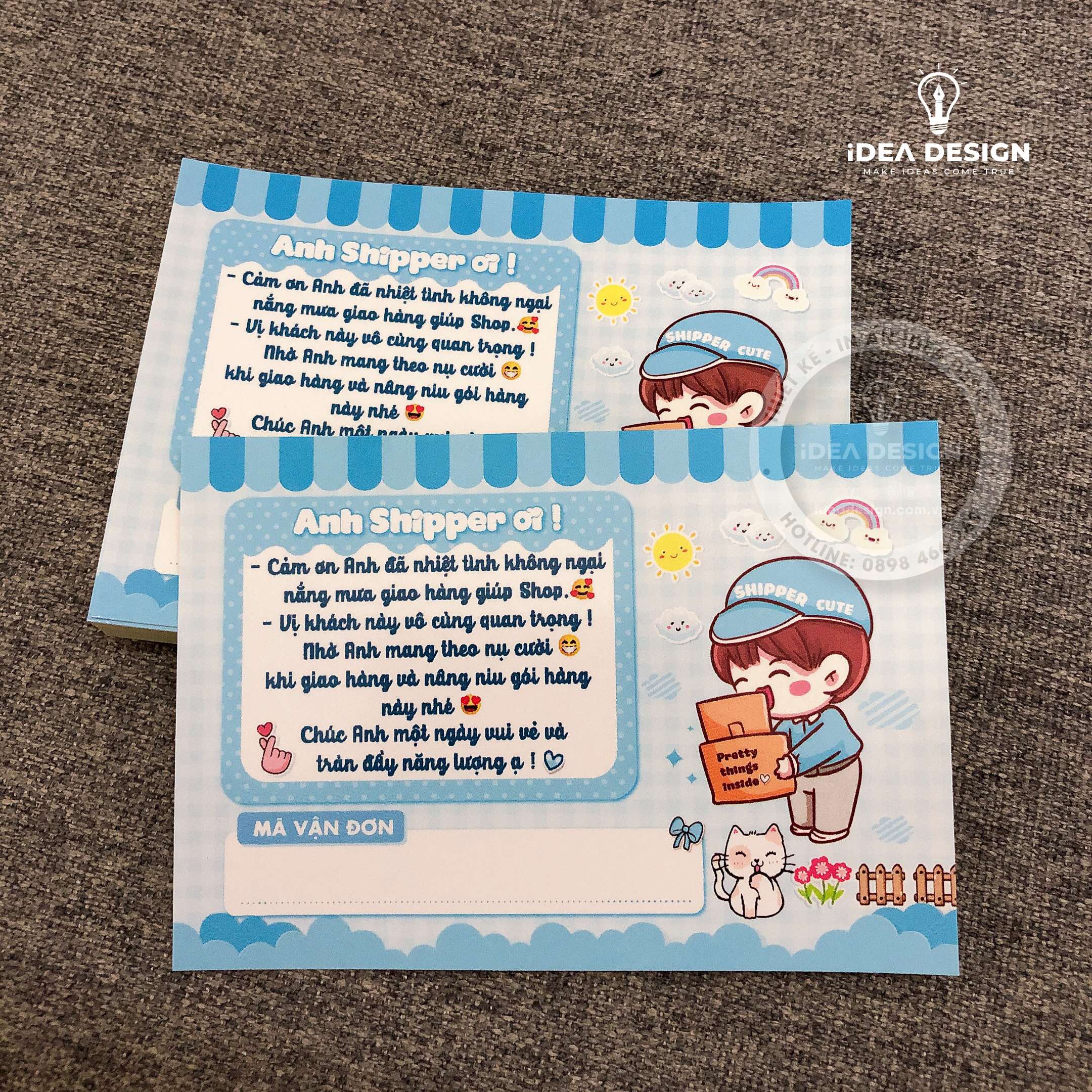 Decal Dán, Tem Nhãn Dán Cám Ơn Anh Shipper Có Ô Ghi Vận Đơn Và Keo Dính - Size 10x7cm Cán Màn Bóng, Chống Nước, Màu Xanh Dương