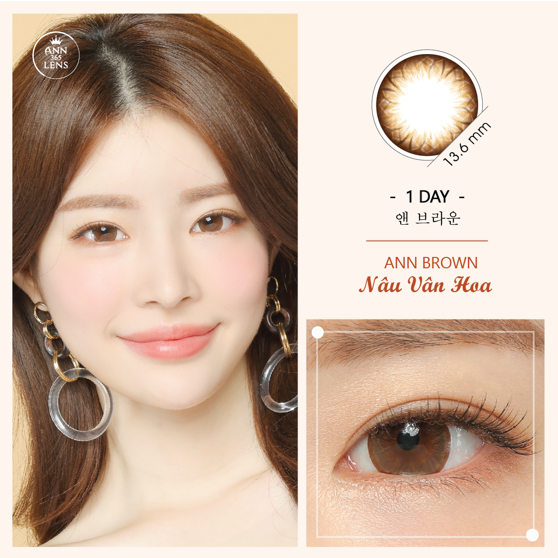 [Đ𝗘𝗢 𝟭𝟮𝗛] 1 CẶP Lens 1 Ngày ANN365 Nội Địa Hàn Quốc Màu Nâu Vân Hoa Ann Brown Có Độ Cao 0-8 Diop