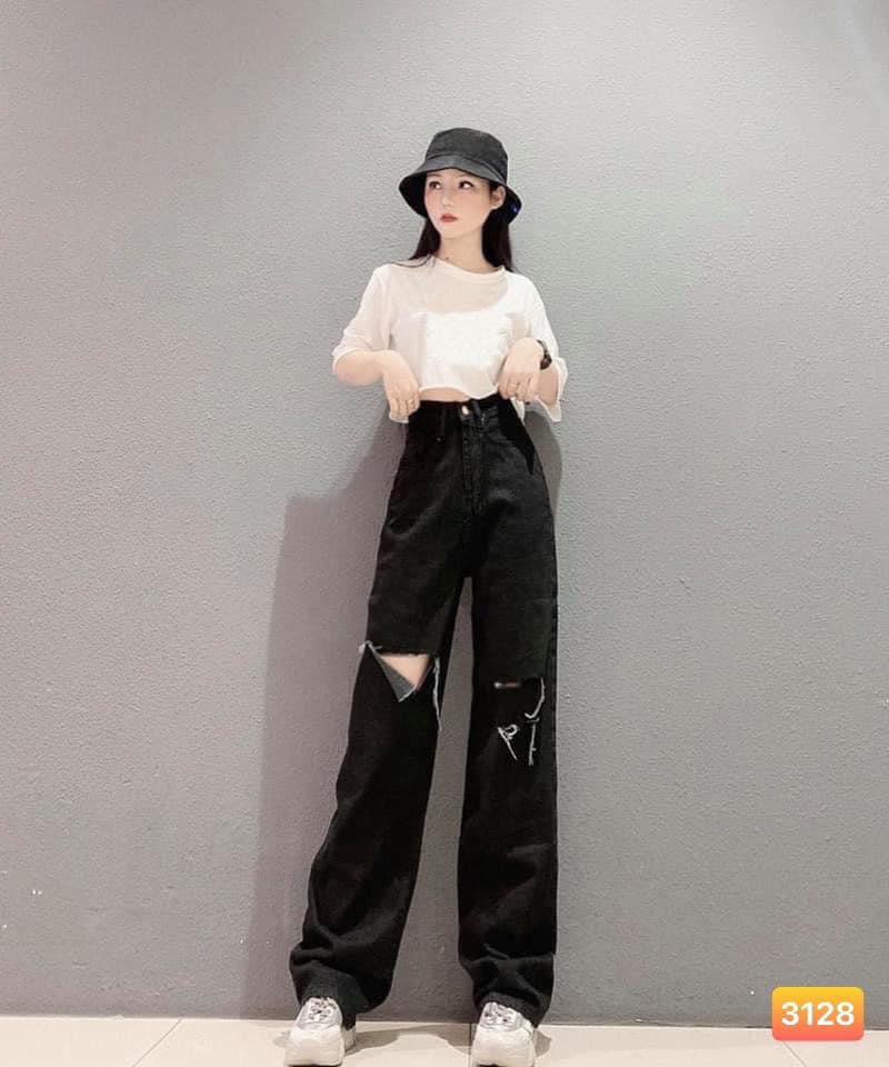 ( ẢNH THẬT) QUẦN JEAN ỐNG RỘNG LƯNG CAO RÁCH MÀU ĐEN QB3128 HÀN QUỐC, LEVERMART, QUẦN JEAN NỮ HÀN QUỐC, QUẦN JEAN NỮ ỐNG RỘNG BAGGY, QUẦN JEAN NỮ BAGGY, QUẦN BÒ ĐEN, QUẦN BÒ RỘNG, QUẦN BÒ RÁCH