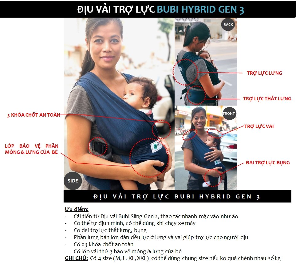 Địu vải BUBI Gen3 trợ lực - VÀNG LƯỚI