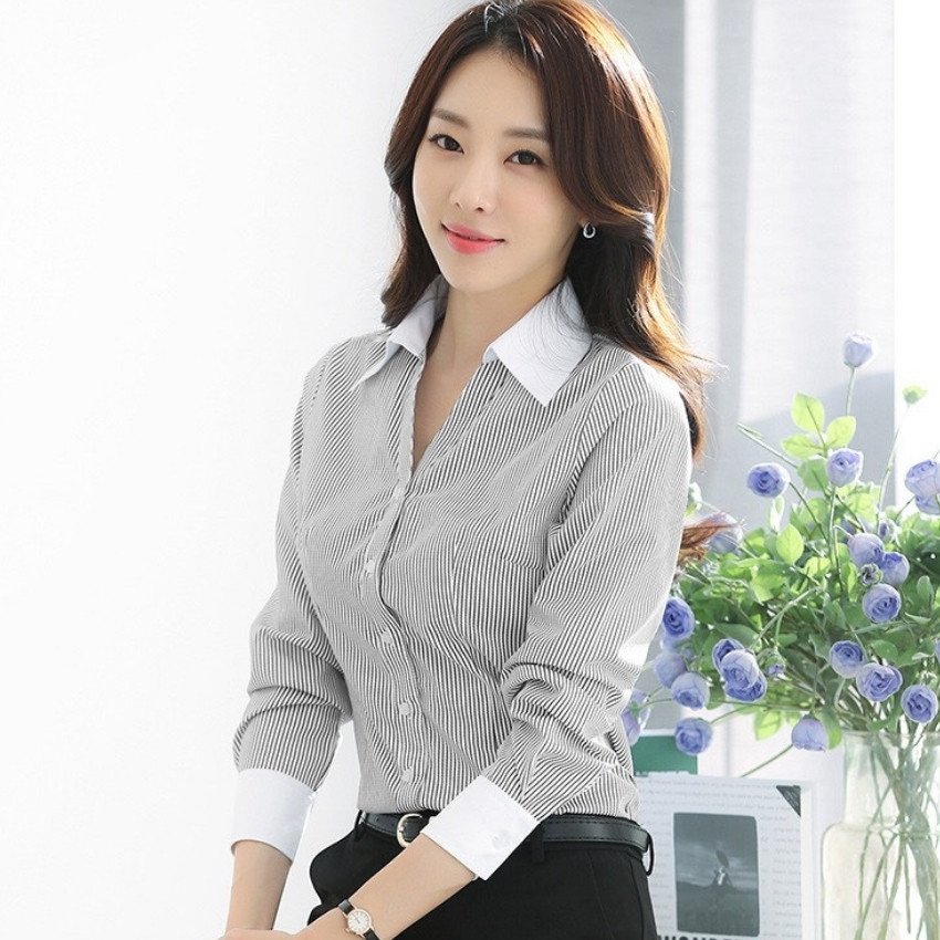 ÁO SƠ MI NỮ CÔNG SỞ DÀI TAY KẺ SỌC NÂU CỔ TRẮNG JX9102 THỜI TRANG CAO CẤP