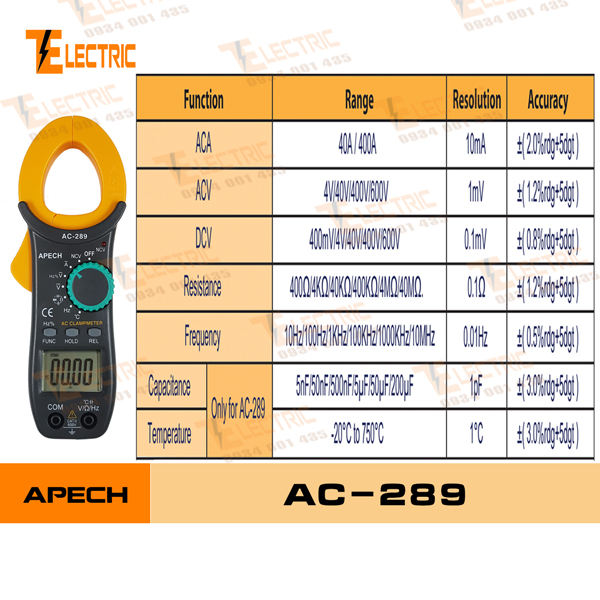 [HCM]Apech AC-289 Ampe kìm đo điện đo dòng điện AC 400A