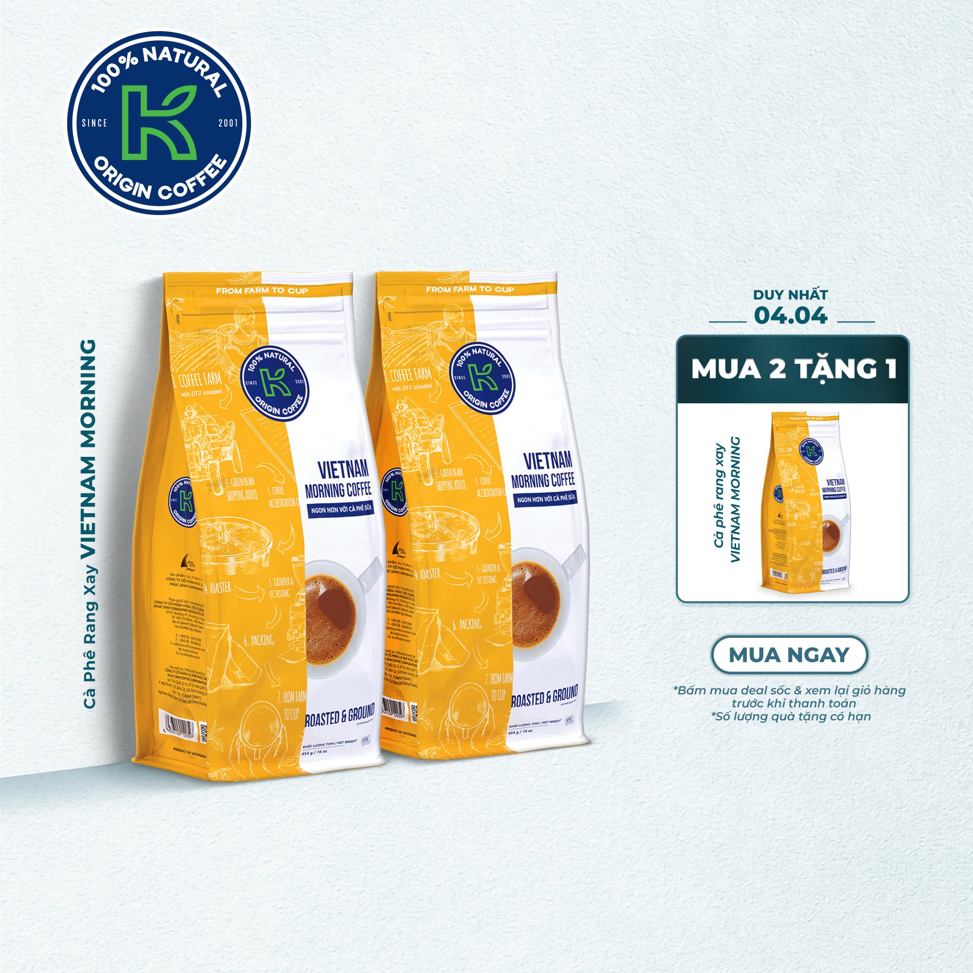 Cà phê Rang xay Đặc sản Nguyên chất Pha phin K Coffee K VN Morning 454g