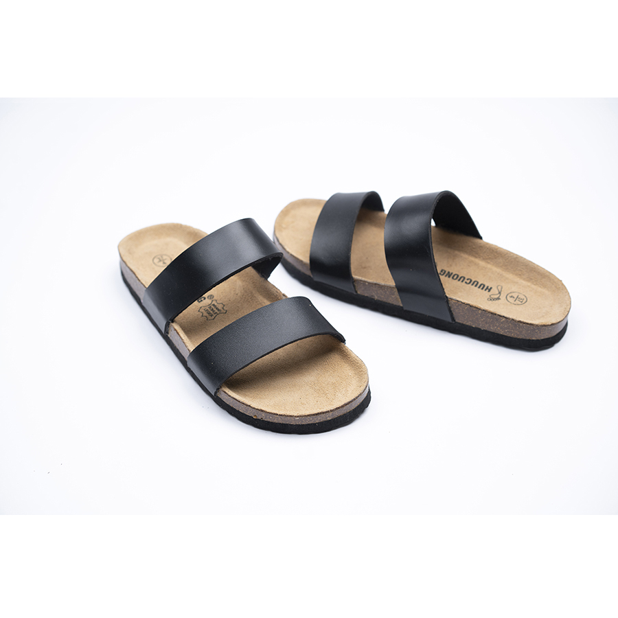 Dép đế trấu unisex 2 quai da pu đen