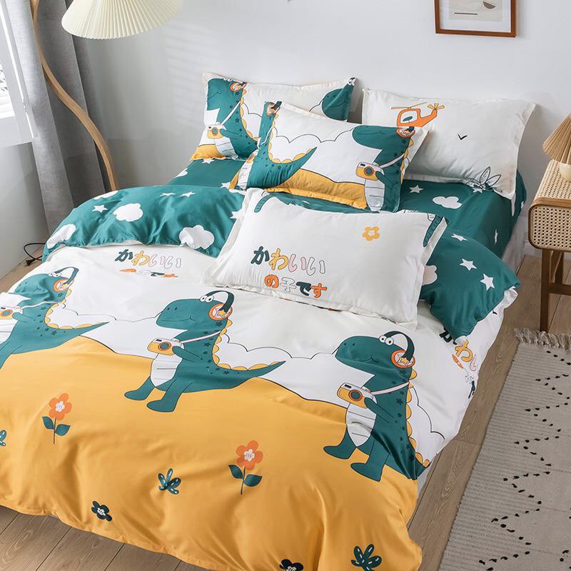 Trọn Bộ 4 Món Chăn Ga Gối Cotton Poly Nhập Mẫu KHỦNG LONG NGHE NHẠC Dễ Thương Cho Trẻ Em, Em Bé