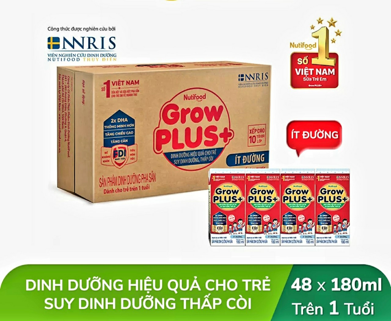 Thùng 48 Hộp Sữa Pha Sẵn Nutifood GROW PLUS Suy Dinh Dưỡng Ít Đường 180ml Đỏ.
