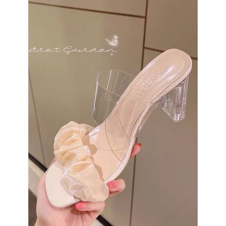 Sandal nữ 7p , guốc cao gót quai ngang nhún bèo phối mika cực đẹp
