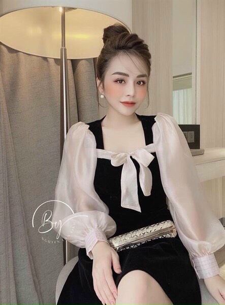 [HCM]Đầm tiểu thư phối tay lưới đính nơ xòe