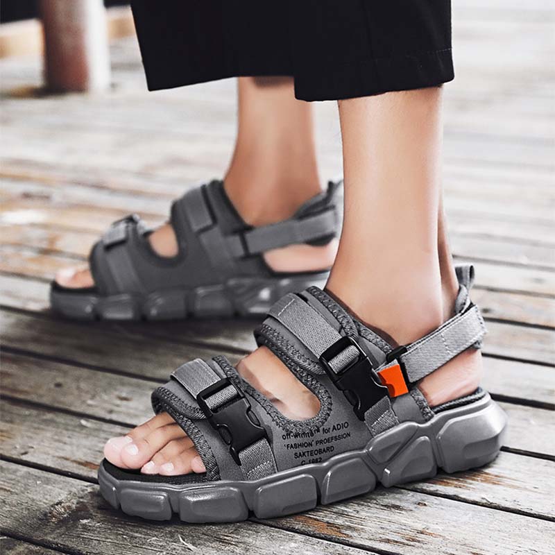 Dép nam đi biển 2 quai Velcro, dép co giãn có thể điều chỉnh, dép đế dày phẳng, dép thời trang mùa hè