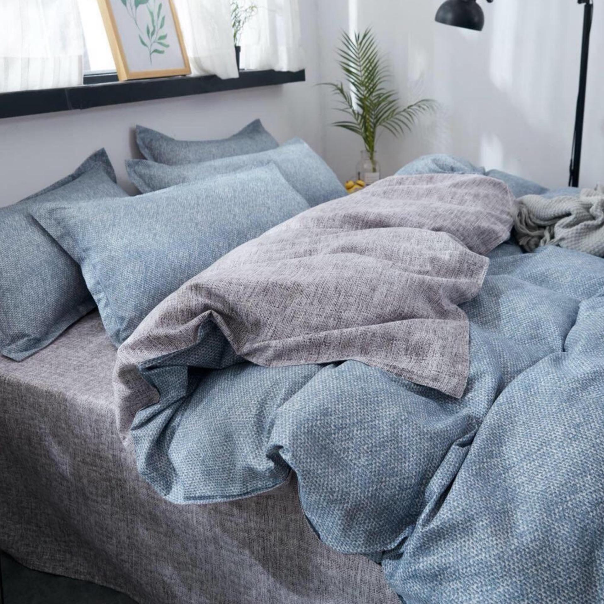 Bộ chăn ga gối basic kẻ xước phối xanh ghi.