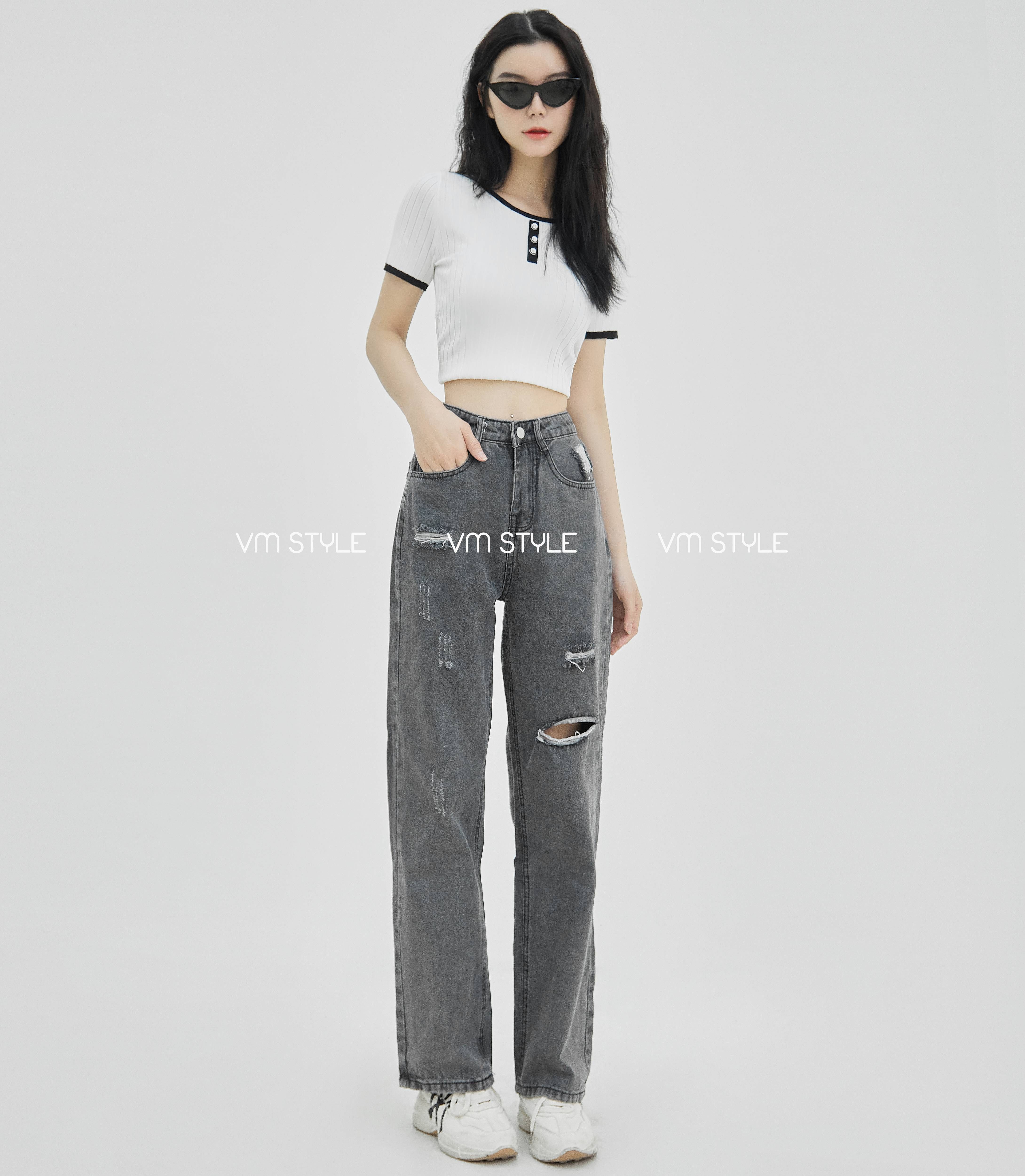 Quần jean nữ ống rộng VMSTYLE QJR00048 lưng cao hách dáng, xước rách cá tính lai thường 3529