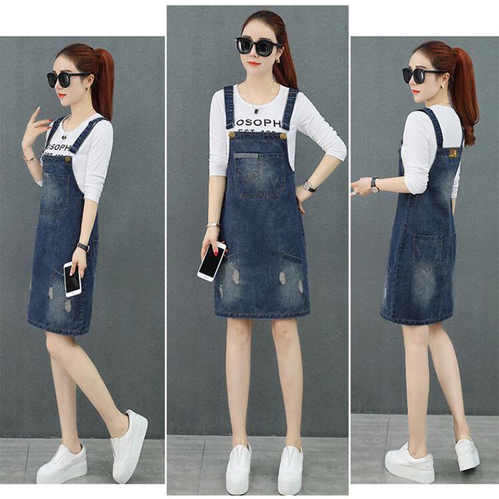 Đầm Yếm Jean Nữ Wash Cào Duyên Dáng