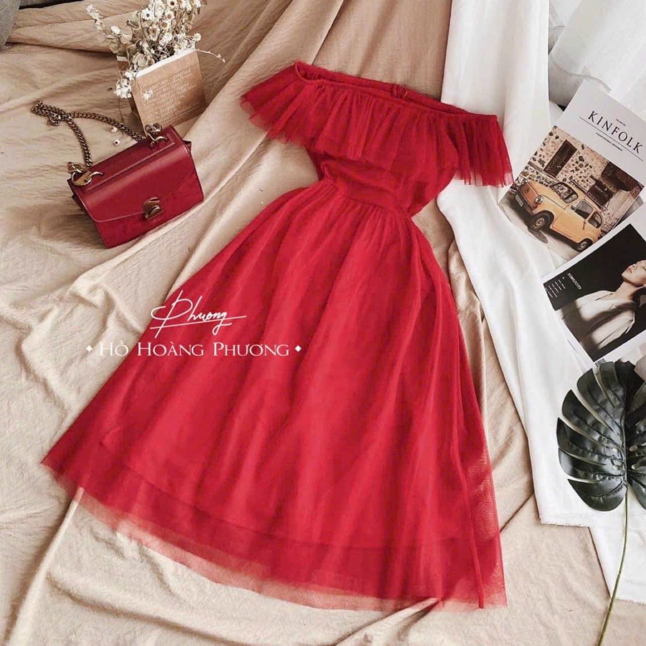 Đầm lưới trễ vai 2 màu trắng đỏ