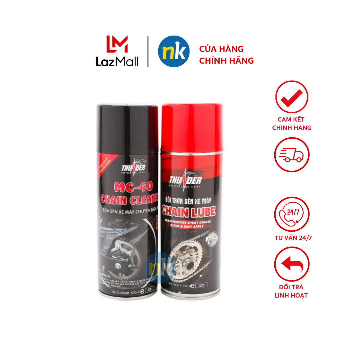Bộ sản phẩm vệ sinh sên Thunder MC-40 400ml và bôi trơn dưỡng sên Thunder Chain Lube 400ml