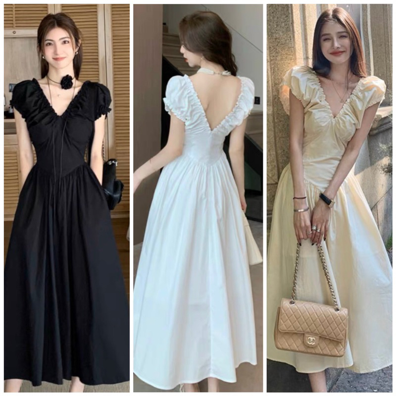 Đầm xoè cổ V nhúng vai 3 màu